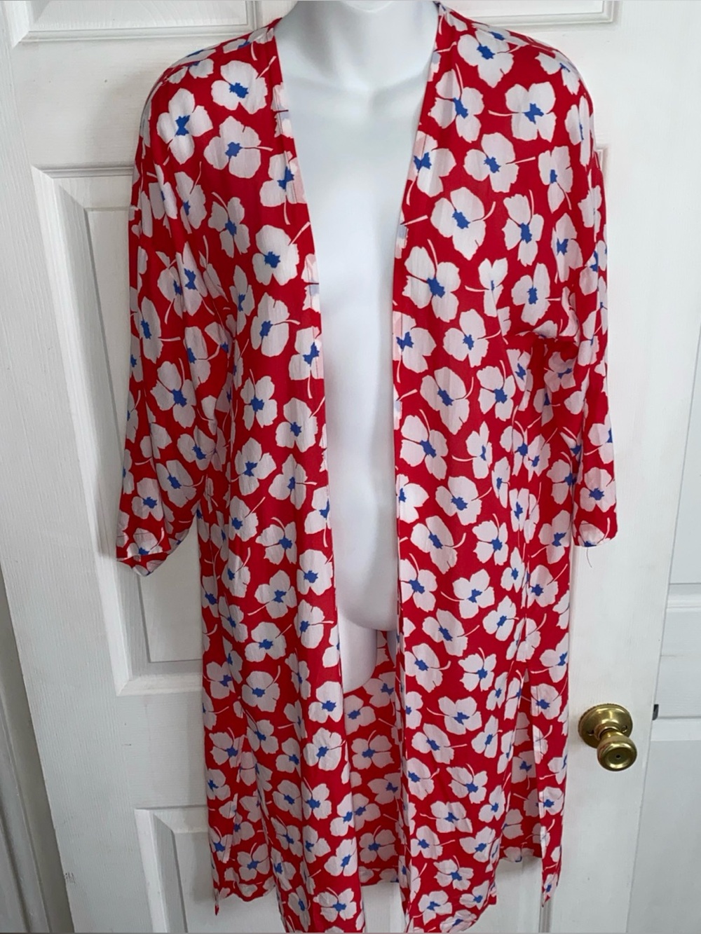 Loft Red & White Floral Kimono Cardigan Swimsuit Cover Up Size XS Small